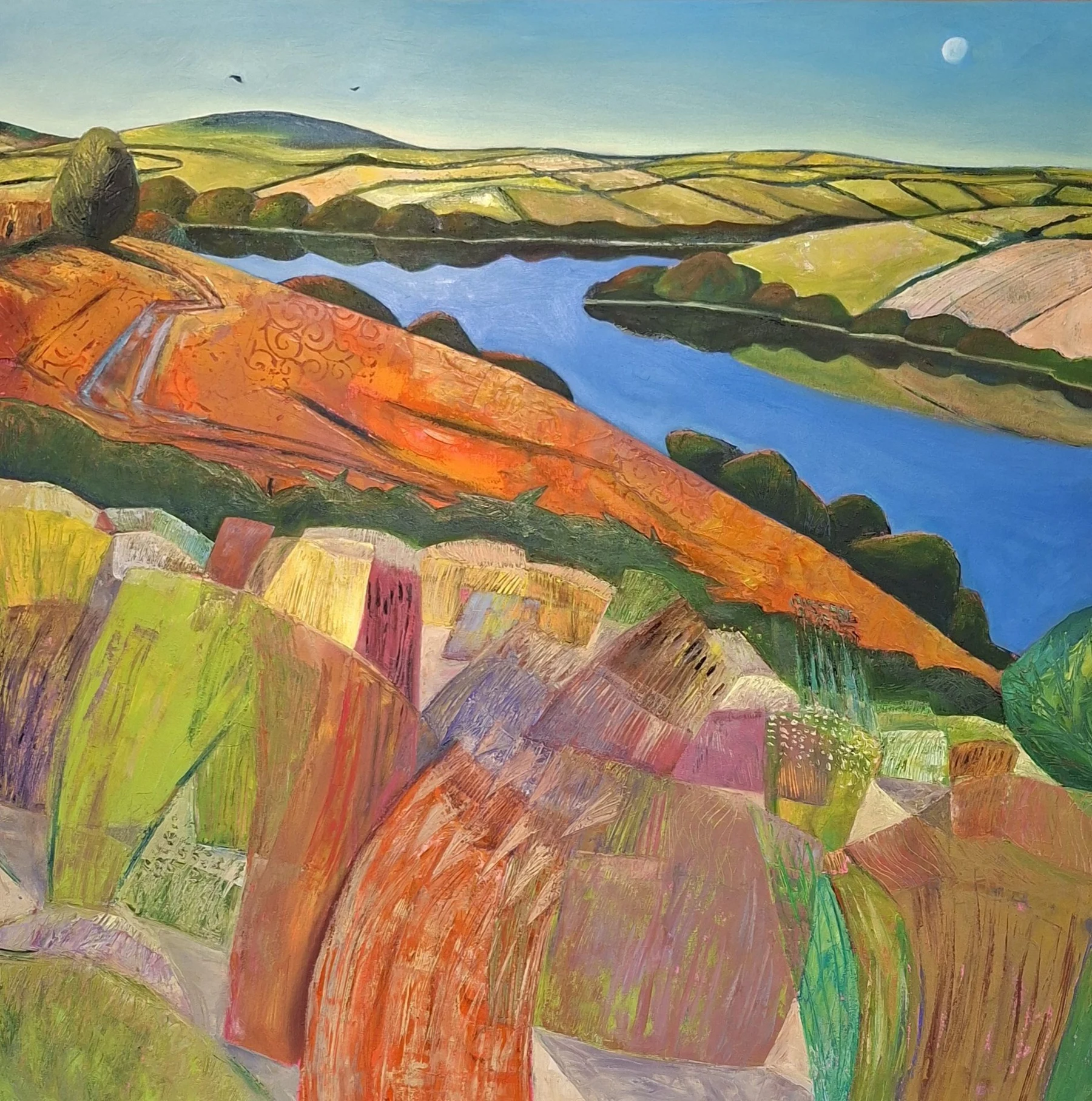 Bowcombe Creek, Waning Moon and Ravens — Oil on canvas, 90 × 90 cm (estimated), 2025